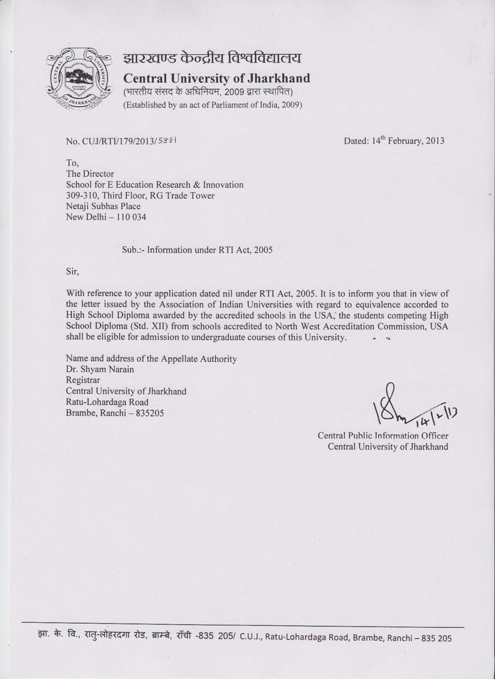 CENTRAL UNIVERSITY OF JHARKHAND