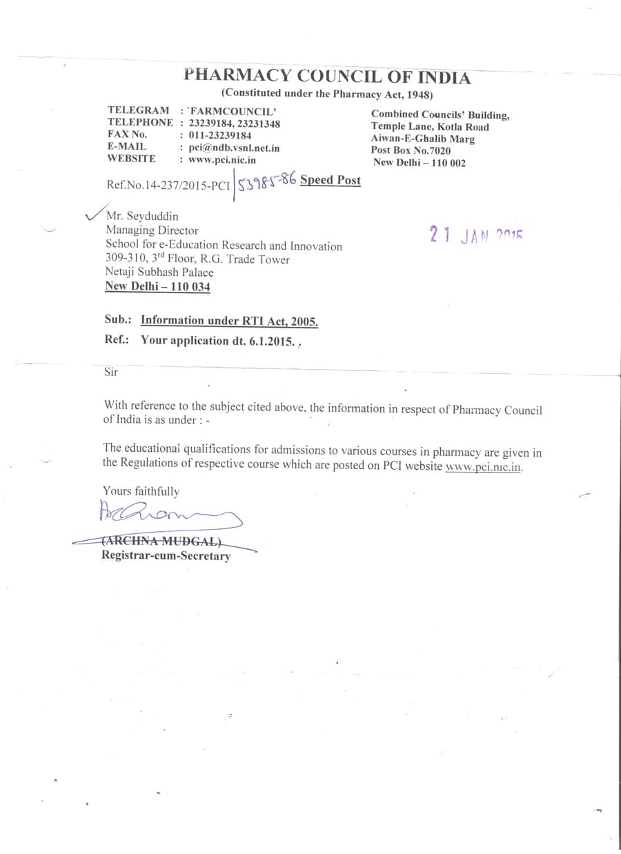 PHARMACY COUNCIL OF INDIA. 21.01.2015