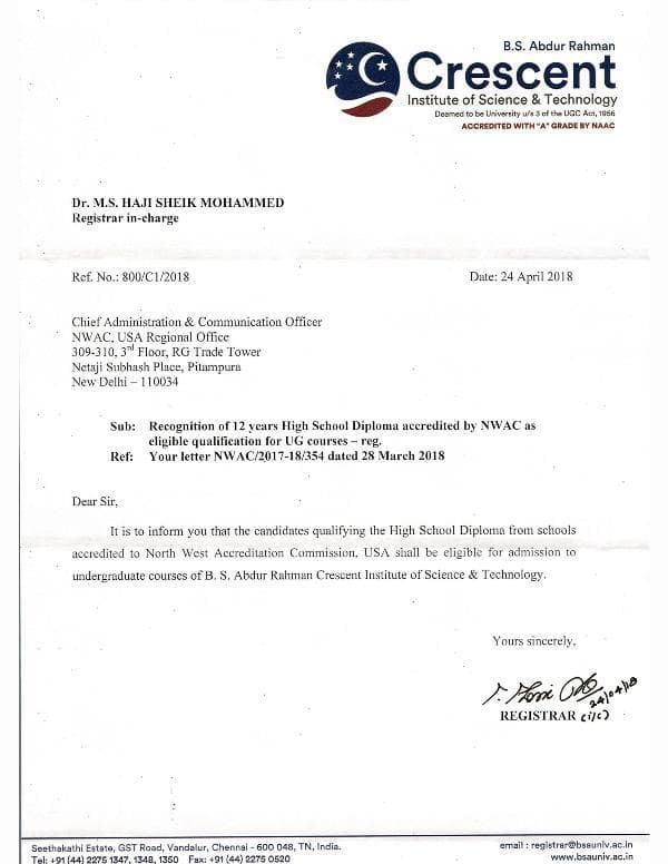 B S ABDUR RAHMAN CRESCENT INSTITUTE OF SCIENCE & TECHNOLOGY